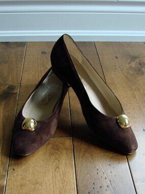 Salvatore Ferragamo Brown Suede Shoes Flats Low Heel Gold Details Office 6.5